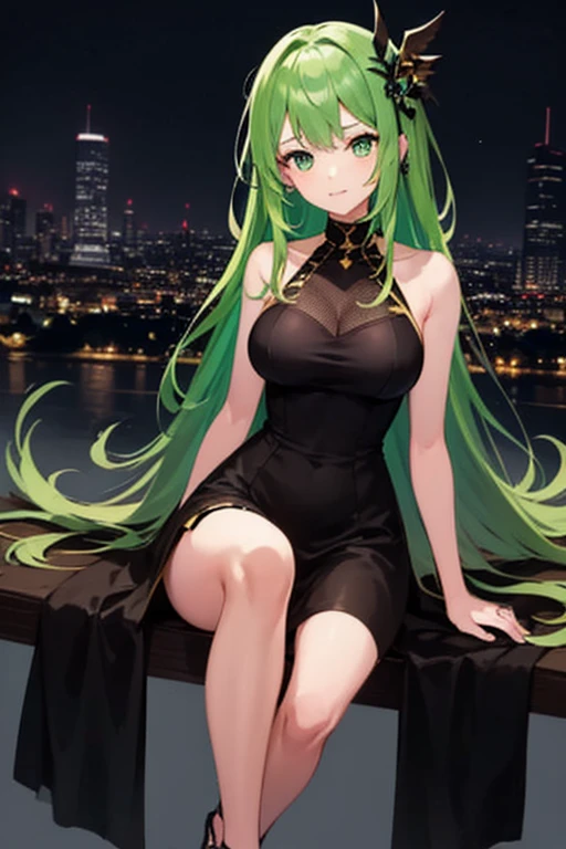 a woman with green hair sitting on a ledge, tatsumaki, tatsumaki from one punch man, tatsumaki with green curly hair, anime girl wearing a black dress, in a rooftop, official art, posing in an urban street, full body green dress, from cryptid academia, green dress, long curly green hair, sitting on the ground