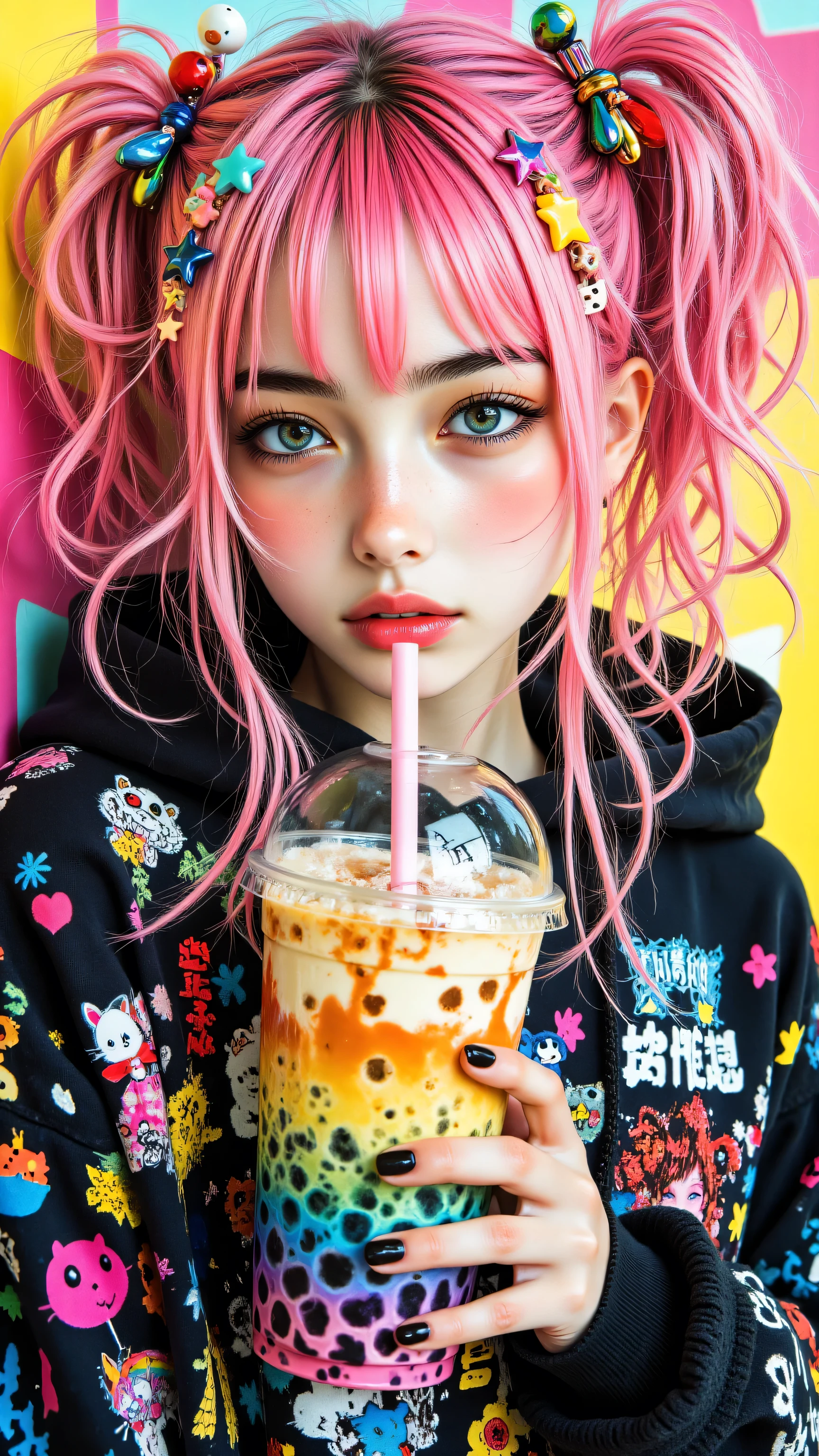 8k, Masterpiece, Top Quality, close-up shot, eye-level, bright pink hair in high twin tails adorned with many colorful cute hair clips (bows, cats, stars), large expressive blue eyes (star pupils), looking at camera, neutral expression, wearing black hoodie with colorful graphic designs, holding large plastic cup of colorful layered bubble tea, dark painted nails, vibrant colorful Harajuku pop art graphic illustration style, high contrast lighting, abstract colorful graphic background (yellow, pink, cyan)