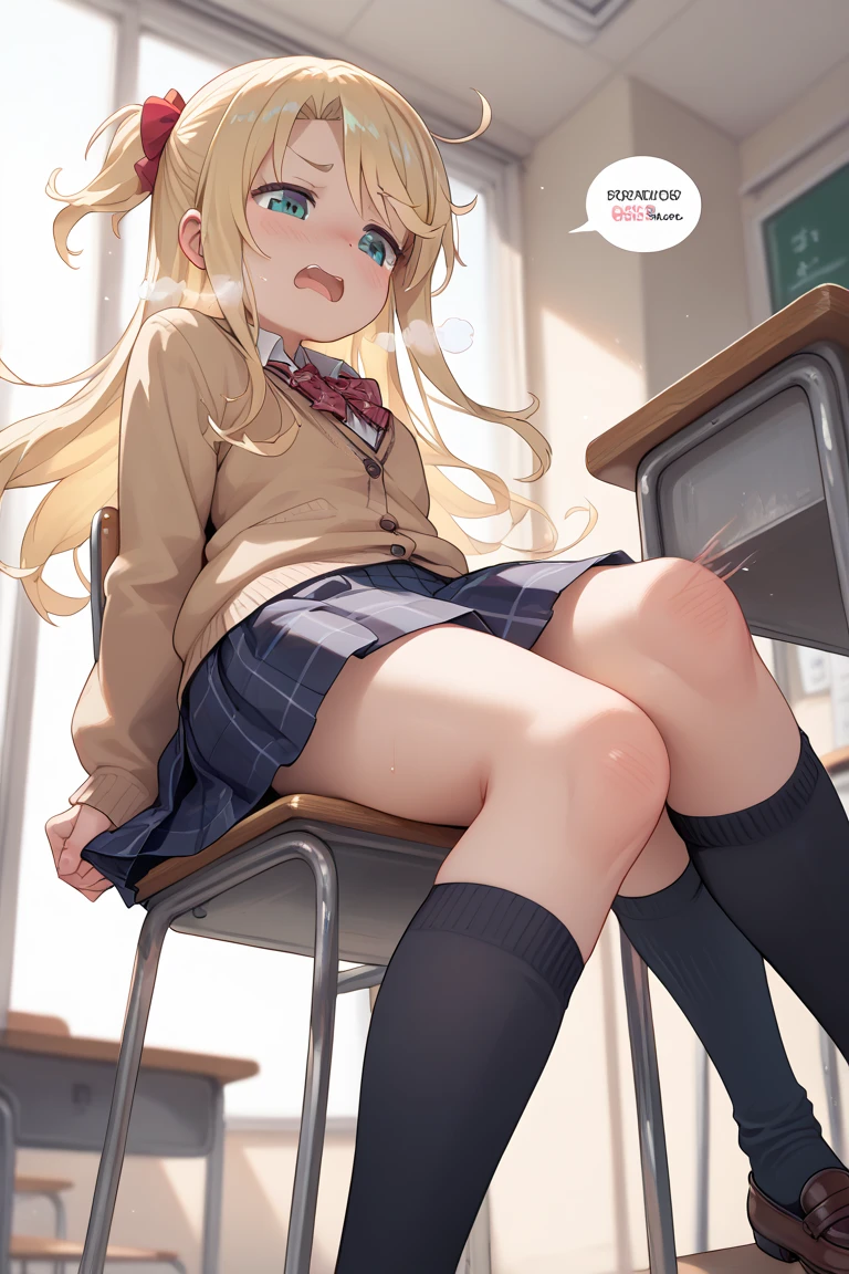 lighting like a movie、top-quality、Blushing schoolgirl、Sit with your legs open on the bed、a blond、(thighs thighs thighs thighs:0.5)、full of sweat、Eyes from below、full of sweat、