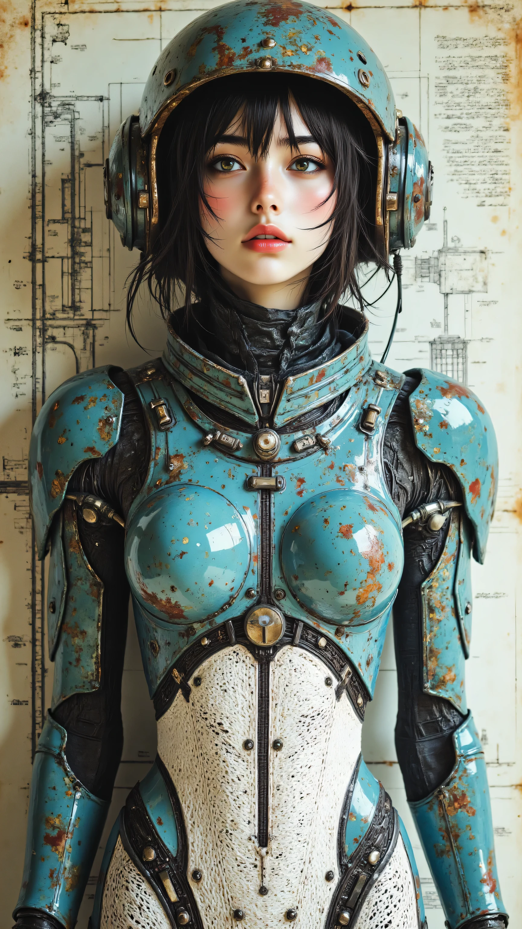 8k, Masterpiece, Top Quality, medium shot, waist-up, slightly low angle, woman, dark hair strands escaping from helmet, light eyes, looking up and away, hopeful curious expression, wearing weathered teal blue sci-fi helmet/cowl and upper body suit, integrated white textured segmented under-suit, wires and technical details, concept art style, weathered future aesthetic, standing calm pose, soft diffused indoor lighting, neutral cool tone, technical blueprint schematic diagram background with text annotations on aged paper