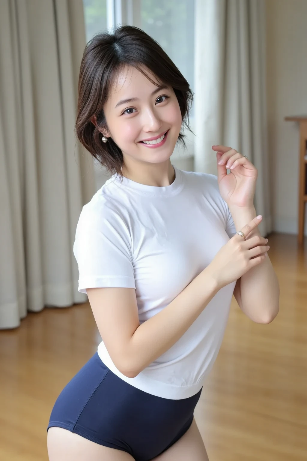 (highest quality、masterpiece、detailed、High resolution、8K、Photorealistic、Sharp focus、High-level image quality)
(Plain background、Professional Lighting、非常にdetailedな、Depth of written boundary)
(Mature Woman、65 years old、Japanese、Beauty、housewife、Aunt、Elegant、美Mature Woman)、
(Full body image、Turn around、look back、Stick your butt out、looking at the camera、Staring at the audience)、
(Big Breasts、K-Cup Bust、Large areola、Erect nipples、,、Huge Ass、Thick thighs、Loose body、Voluptuous body、Thick upper arms)、
(Perfect beautiful face、round face、Small face、Sharp jaw、Big Nose、Slit eyes、Cat-like eyes、Dimples、Wrinkles at the corners of the eyes、Dark circles in the eyes、Clear double eyelids、Nasolabial folds)、
(Anxious expression、A stern glare)、
(White T-shirt、White shorts、Tight Wear、Made from cotton)、
(short hair、Light brown、Rough perm waves、Show your forehead)、
(Exposed Skin、Bra and panties are visible、T-back panties)、