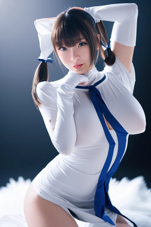 There is a woman in a costume sitting on the floor, smooth white tight clothing suit, wearing a white leotard, Cute girl in a tank suit, anime girl cosplay, Asuka'suit under clothes!, Works inspired by Ren Mei, cosplay photo, wearing a tight suit, pretty face with arms and legs, twin tails white_gloves, sakimichan hdri