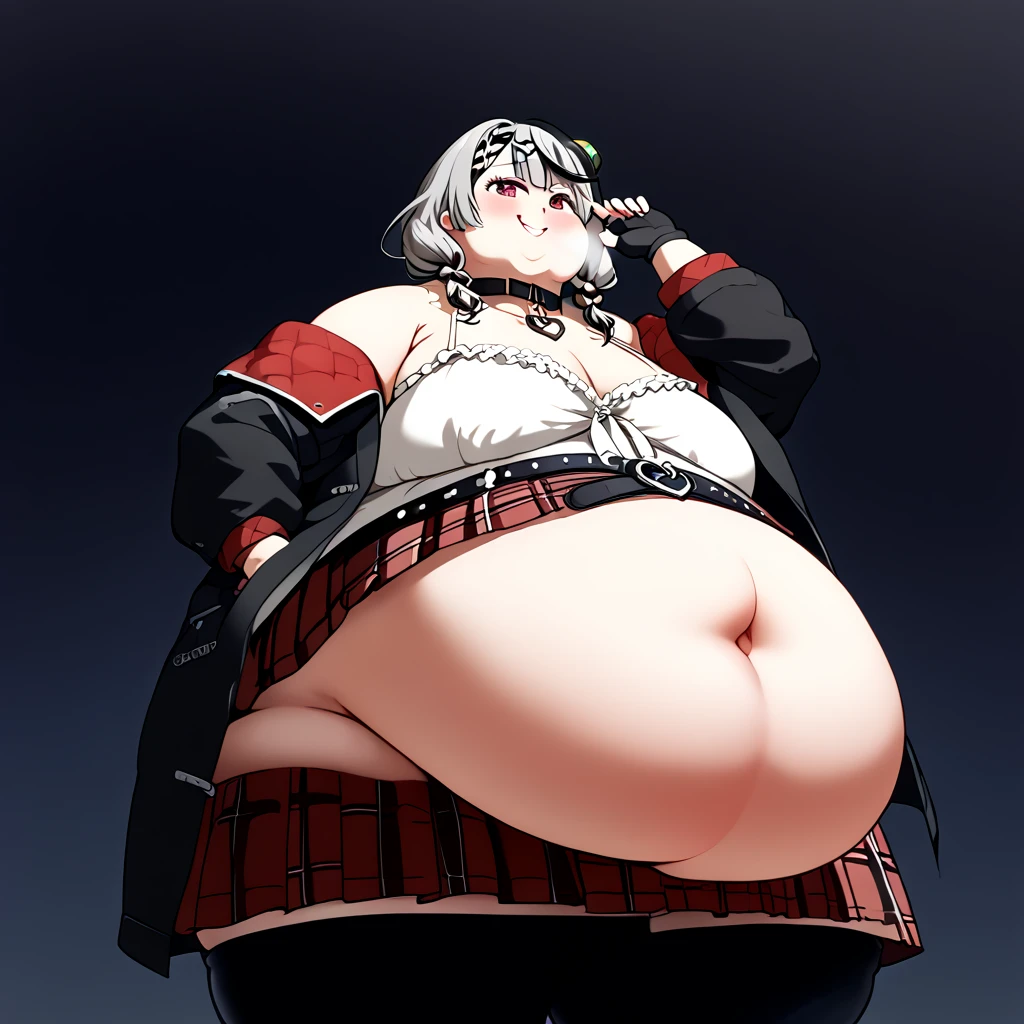 1girl, top heavy figure, (((incredibly big chest))), ((saggy chest)), plump, incredibly plump, ((big belly)), (((big tits))), pout, embarassed, wide, (((obese))), (((fat))), ((love handles)), double chin, out of shape, obese, fatty, tall woman, big bossom, ((milf)), big height, mature, standing, full body, bbw, ssbbw,sakamata chloe, grey hair, red eyes, belt, mini skirt, off-shoulder jacket, medium hair, long sleeves, hood, thighhighs,