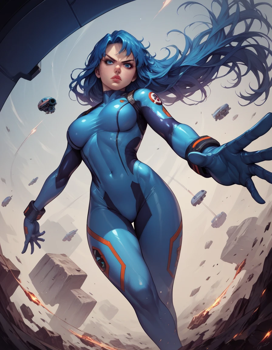 Masterpiece, Best Quality, 1 girl, (neoartcore:0.25), defsamus high quality cg, by rubio, mono, blue clothes, blue gloves,, cowboy shot, hand on hip, looking to the side, futuristic
