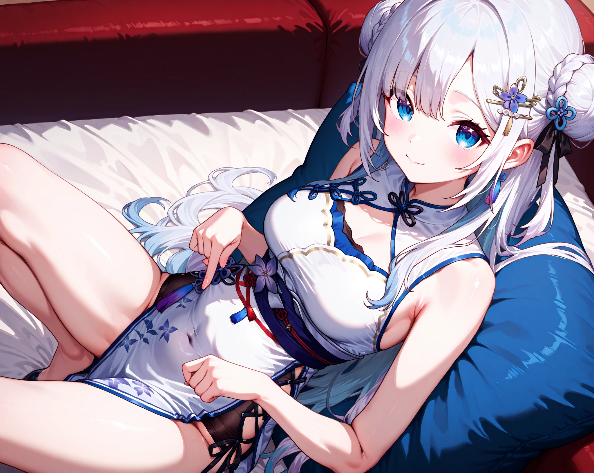 kamisato ayaka, silver hair with round bangs and long ponytail, blue eyes, looking at the viewer, wearing a translucent white gown, lying on the bed, medium breast, pillow in the background, white bed cloth, some sweat droplets near navel region, slight grin, slight blush --auto