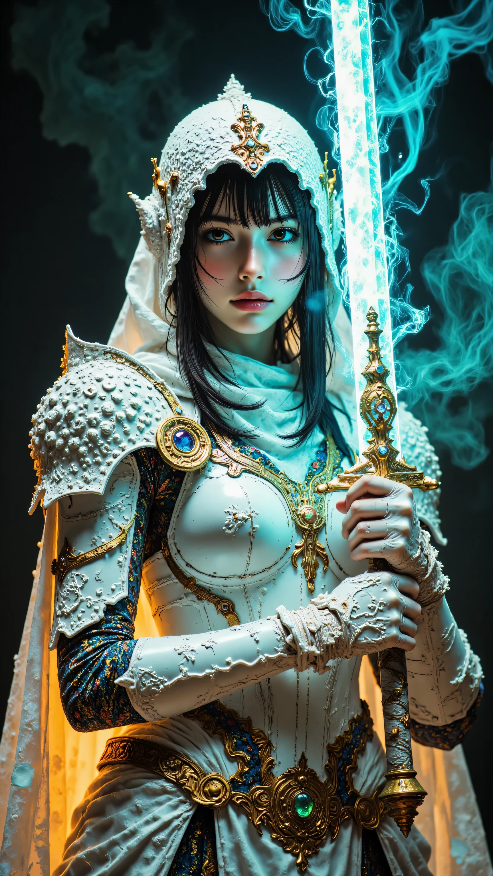 8k, Masterpiece, Top Quality, medium shot, waist-up, slightly low angle, woman with intense gaze looking off-camera, wearing ornate pearlescent white sculpted armor (pauldrons, gauntlets) and large hood glowing with internal cyan light, holding large two-handed sword vertically, sword blade emits bright ethereal cyan glow and smoke wisps, fantasy warrior, sci-fi paladin aesthetic, baroque details, dramatic atmospheric lighting, strong cyan glow from hood/sword, warm orange underlighting, high contrast, dark misty green-cyan smoke background