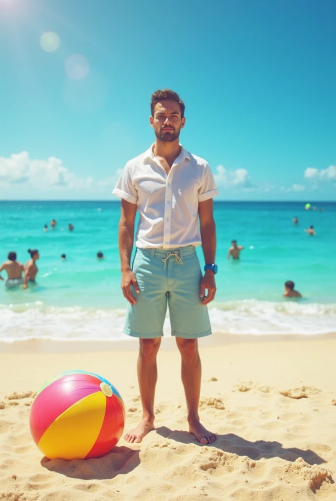 Young cute and handsome beautiful face skinny white beautiful skin color soft white shirtless with fluorescent green boxers short black hair on a catwalk of men beach ball in his hand the public applauds him and celebrates with bubble white man tall thin sincerity