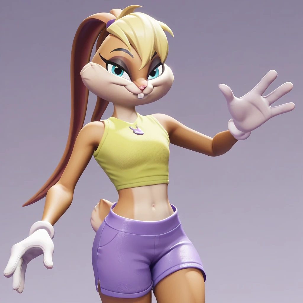 Cassie Lang as a female anthro rabbit, ponytail hair, purple Antman suit, sneakers, big boobs, tiny toons style