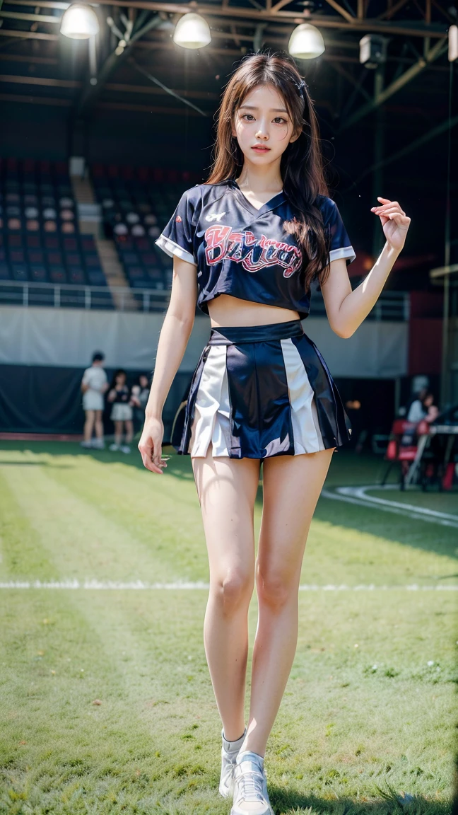 A beautiful young Japanese woman, 20 years old, with perfect anatomy, healthy thighs, beautiful feet, flawless skin, random hair color and style, large bust, (she is standing:1.2), wearing a cheerleader uniform with micro-pleated miniskirt, in a full body shot, standing in a stadium, (best quality, 4k, 8k, highres, masterpiece:1.3), (extremely detailed:1.2), zydAFP