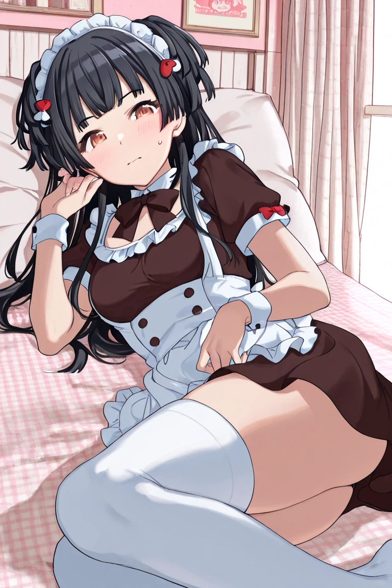 1girl, aster nemesis, dark-skinned female, black hair, very long hair, yellow eyes, flat chest , twin tails, looking at viewer, , , tanned body,open mouth,tongue, ,,,,smile,,(spoken heart),(((maid costume))),miniskirt,thighhighs,cowboy shot