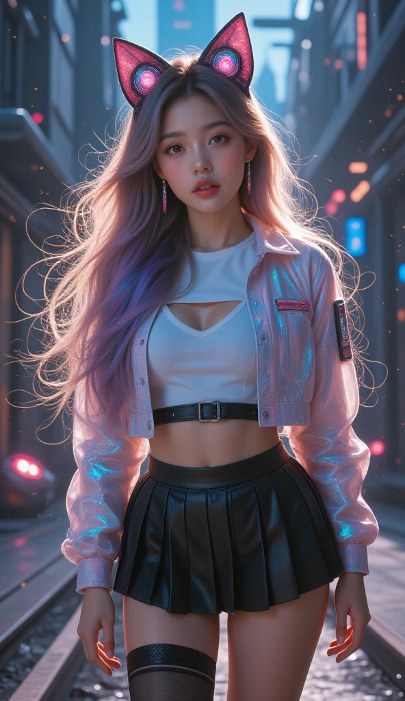 from side，Super Resolution, (Realism: 1.3), 1 (Slim: 1.2) Girl, Solo, Looking at the Audience, League of Legends, Fox, KDA Fox, Blonde Hair, Fox Ears, Fox Tail, Blue Coat, White Top, Black Skirt, Laser, Light Effect, Super Perfect Face, Perfect Eyes, Good Looking,Perfect Eyes
