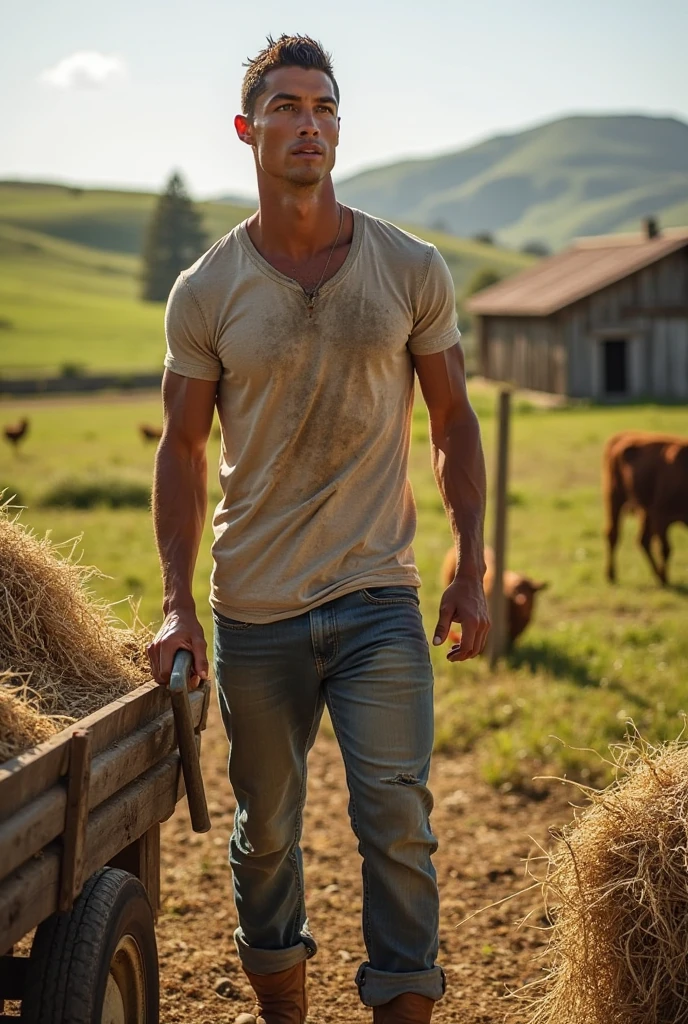 A handsome young man, with a beautiful face, fair skin, soft skin, and a slender build, has short black hair. He's shirtless and carrying a can of milk in a milk jug on his shoulder.