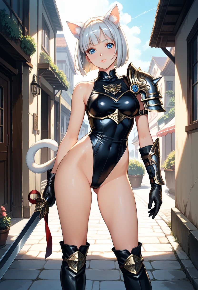 beautiful woman with short white hair, orange inferno eyes, wolf ears and a braided ponytail. She is wearing a revealing, sexy, fantasy knight armor with legplates. Her body is muscular and she is incredibly sexy. Her eyes are orange. She has strong, muscular arms and thick thighs. Wide hips.