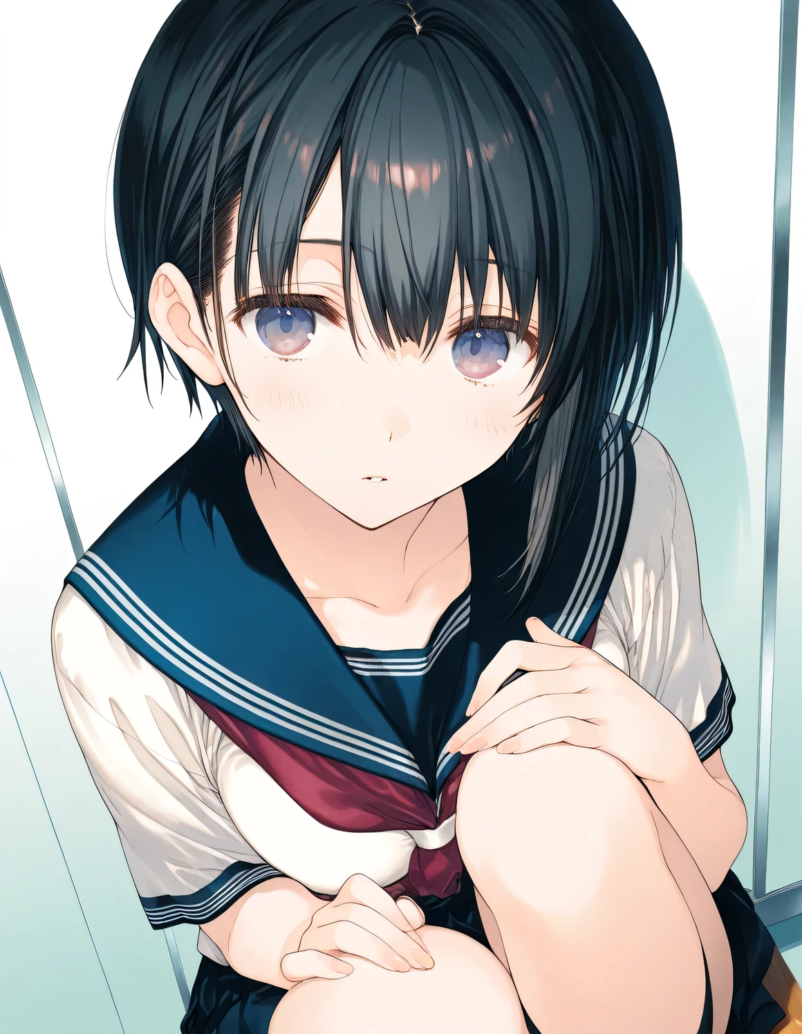 1girl, short hair, black hair, school uniform, (artist:mitsumi_misato),artist:fujiyama,artist:amazuyu_tatsuki, official_art, best quality, masterpiece, very awa, absurdres, highres, ultra-detailed, super detailed skin, Realistic texture,very aesthetic,clear line illustration, analogous colors, limited palette, sexual lighting,