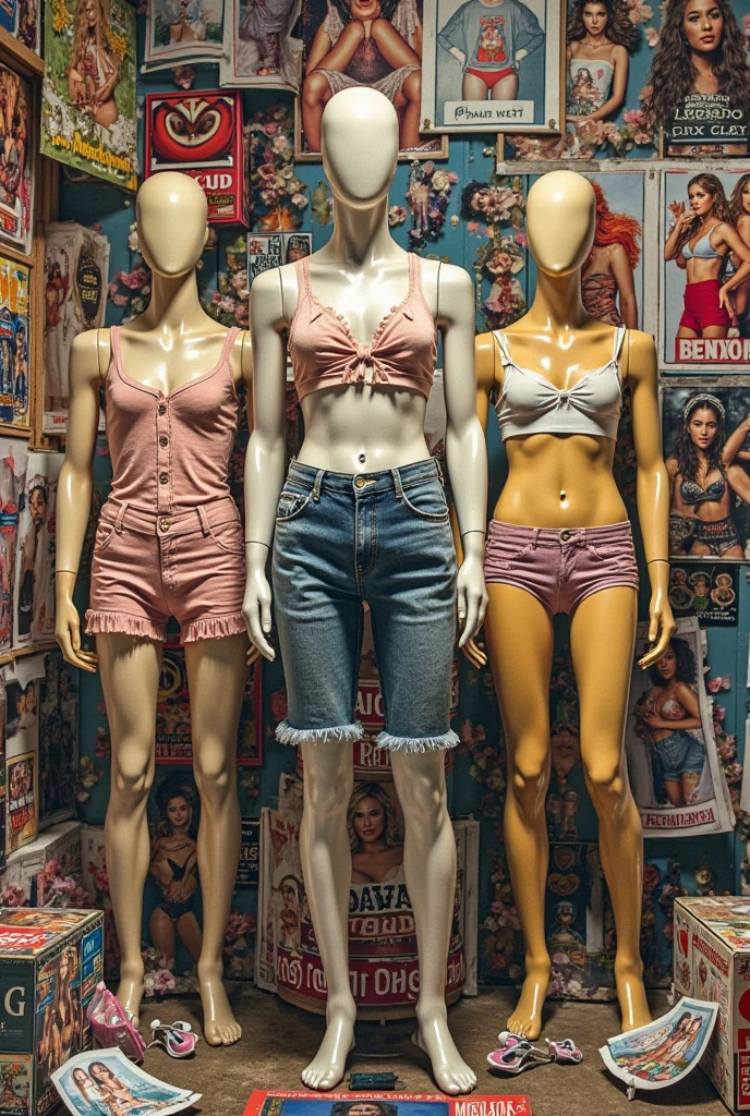The image shows a shopping mall from the 80s, with many very beautiful women (dressed in 80s blouses, 80s tshirts), 80s hairstyles, smiling, panties are lowleg down, naked pussy,