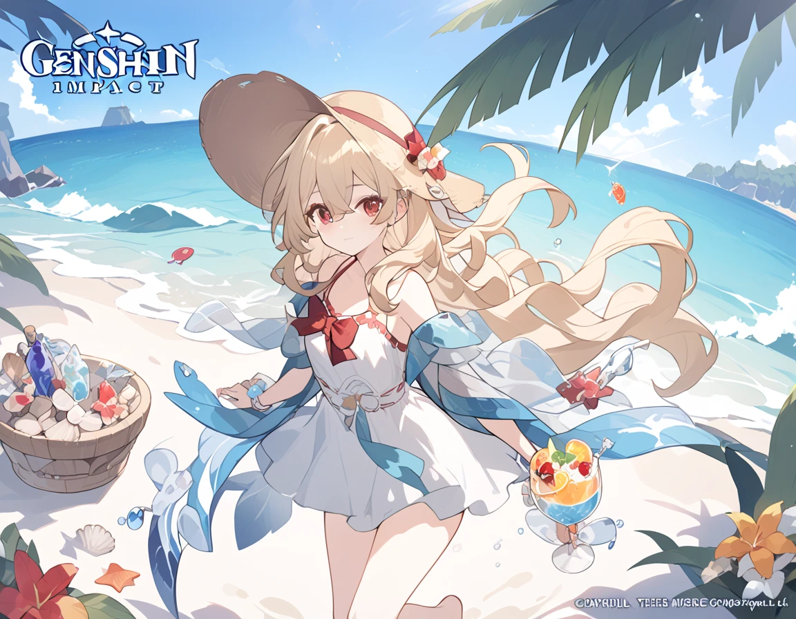 Ocean、Silver-haired, red-eyed girl、Swimwear、Two girls playing beach volleyball in the background、2d, masterpiece, best quality, anime, highly detailed face, highly detailed eyes, highly detailed background, perfect lighting, cowboy shot, 1girl, solo, collared dress, short dress, short sleeves, blue jacket, black thighhighs, detached hair, long hair, low twintails, bob cut, necktie, headgear, white gloves, elbow gloves, wide hips, smile, standing, spacecraft interior 
