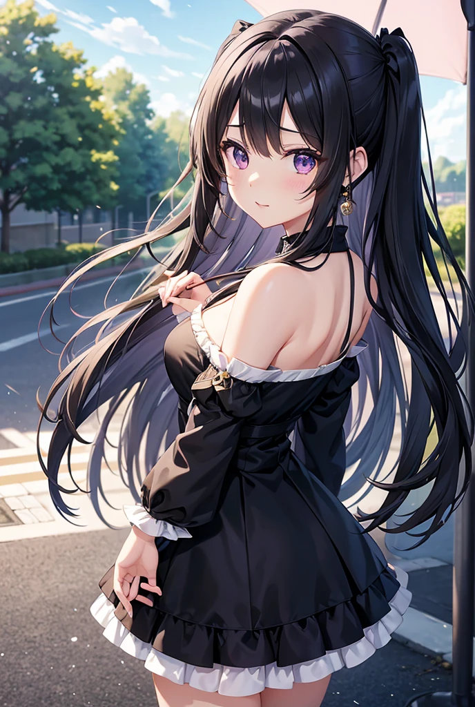 1girl, solo, young, medium long hair, breasts, black hair, dark blue tips, cleavage, hair between eyes, medium breasts, purple eyes, upper body, white hair, multicolored hair, outdoors, two-tone hair, cover, up, bench, cover
