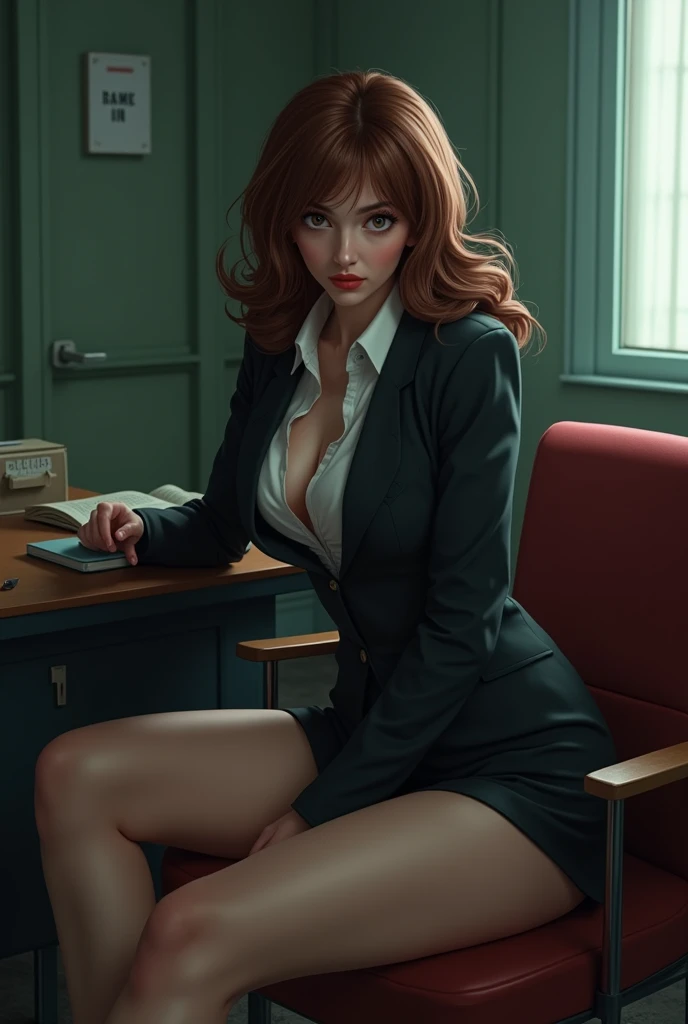 a hyper realistic photo, realistic hdr, high definition, hyper detailed, 1 girl, redhead, extra large chest, big buttocks, secretary, she is wearing a sexy suit, her skirt is pulled up to the top of her thighs revealing her sexy transparent black thong , she is sitting on a desk, her blouse is open, chest visible, she is looking at the lens, the scene is enhanced by all the details, masterpiece, full body photo taken from the bottom up, background an office