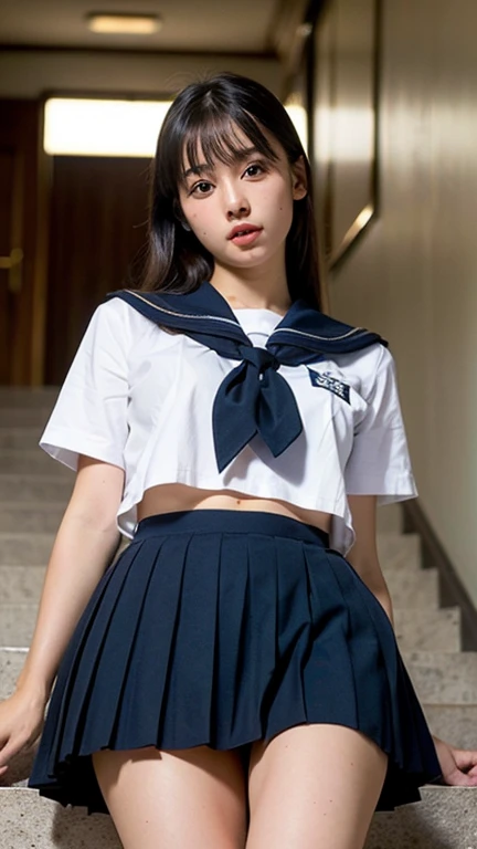 (masterpiece, highest quality:1.2), 8k, Young and beautiful girl, 85mm,Official AR RAW Photos, Baby Face、Big Breasts、Show me your ears、photo shoot, Cute face, Thighs, After school classes, Looking at the audience, Embarrassing、smile、No makeup, Film Grain, chromatic aberration, Sharp focus, Face Light, Bright lighting, 10 generations, Detailed face, Background blur、((((((15-year-old high school girl))))))、Narrow waist、Sailor suit、Navy blue mini skirt、White tiny panties