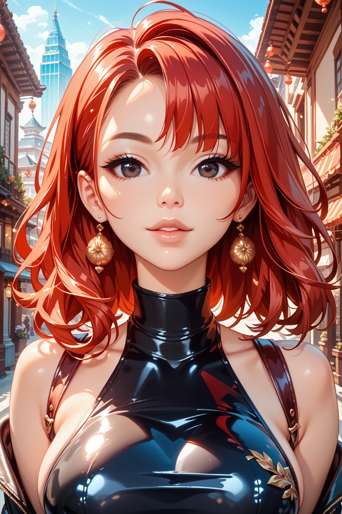 photorealistic, (4k), depth of field, (Masterpiece), (realistic skin texture), extremely detailed, intricate, hyper detailed, high resolution, professional photography, , depth of field, sharp detail, best quality, looking at viewer, 1girl, solo, <lora:flamme_synduality_noir:0.8>, flamme_synduality_noir, red hair, green eyes, , double bun, , knight costume, steampunk,