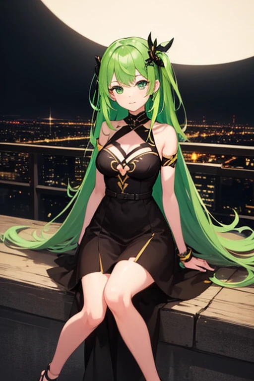 Naked adult woman, long hair, green mesh, rooftop at night, sharp eyes, green eyes, holding a sword, black shoes