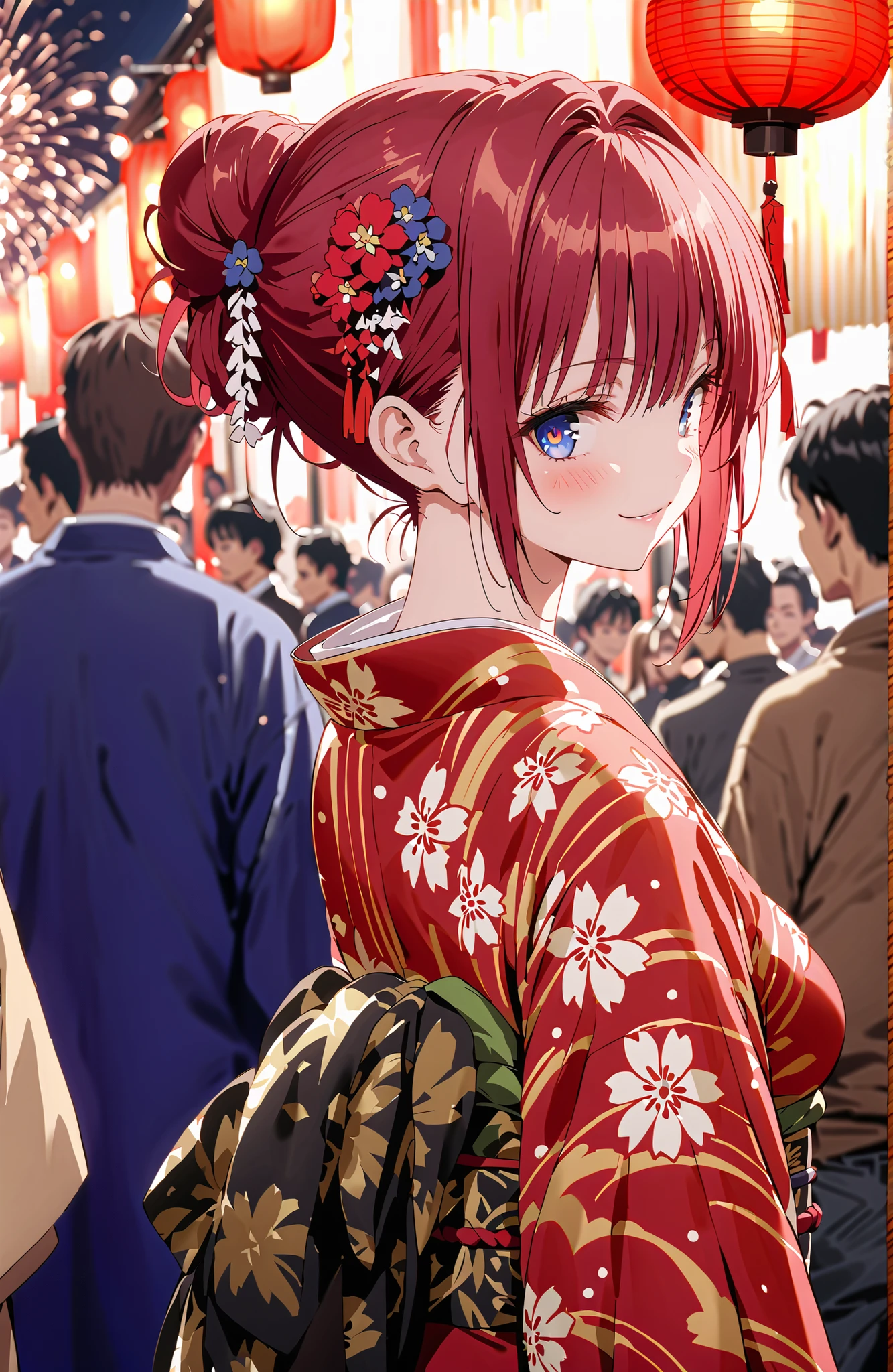 score_9, score_8_up, score_7_up, source_anime,Kurosaki Mea ,solo, stupid hair, blue eyes, red hair,stupid hair,side lock,single bun hair,Nape,flower hair ornament with ears, red flower pattern kimono,Medium breast,smile,blush,grinning,Light up fireworks,Japanese stalls ,Red Lantern,standing,crowd,in their 40s outdoors, Japanese Festival,full bodyがイラストに入るように,,
in their 40s looking at viewer,full body,
in their 40s (masterpiece:1.2), best quality, high resolution, Unity 8Kの壁紙, ( illustration :0.8), (beautiful detailed eyes:1.6), very detailed face, perfect lighting, very detailed CG, (perfect hand in h, perfect anatomy),