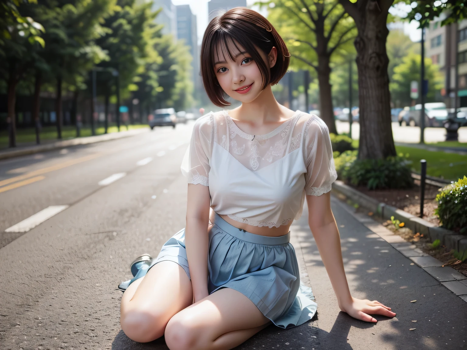 a highly detailed 8k CG render of a 20-year-old girl with short hair in a crowded park, off-the-shoulder shirt, skirt flipping up by herself revealing white panties, blushing, parting her lips, half-body shot, masterpiece, extremely detailed, photorealistic, ultra-realistic, HDR, studio lighting, vibrant colors, bokeh
