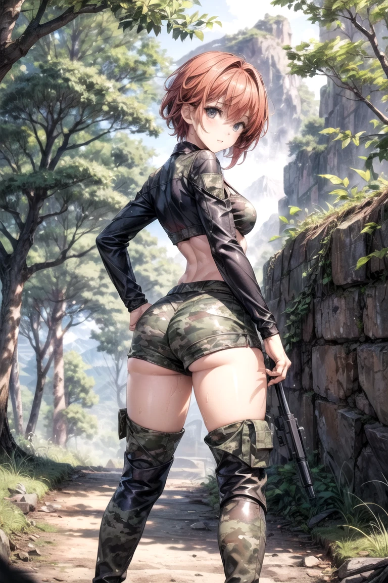 (best quality,Unparalleled masterpiece:1.4),Ultra-detailed CG 4K,brown hair,in the forest,Female soldiers,Dark green combat uniform,high ponytail,commando,goggles, Black loose bikini,black military boots,huge,rendering,huge,squat on the ground
