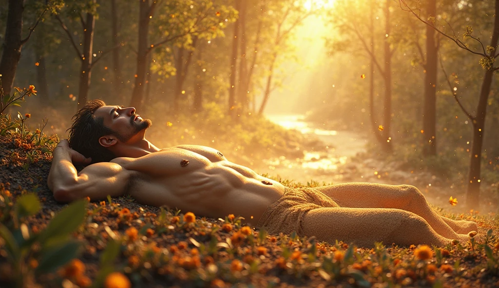 (solo, full body photo:1.3), Lying under a tree, muscular man, wet, looking down, low perspective, side view.