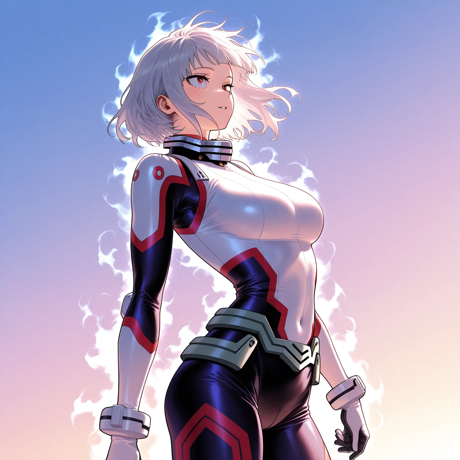 (cyborg:1.4), robot body, glowing leds, from above, full body, (anime), 1girl, flat chest, detailed face, standing, from behind, skin indentation, shiny white skin, wide hips, angry expression, BREAK,
masterpiece, best quality, insane detail, thick linework, by midjourney and Greg Rutkowski, by Michael Whelan and Ken Kelly, cinematic lighting, (downtown city in background), skyscrapers,
white leotard with pink hem, heart-shaped clothes cutout, (very short and messy pink hair), full lips, pink lipstick, (wearing pink cape), pink choker with heart, white elbow-length gloves, glowing pink eyes, beautiful and detailed eyes, white thighhighs with pink lace