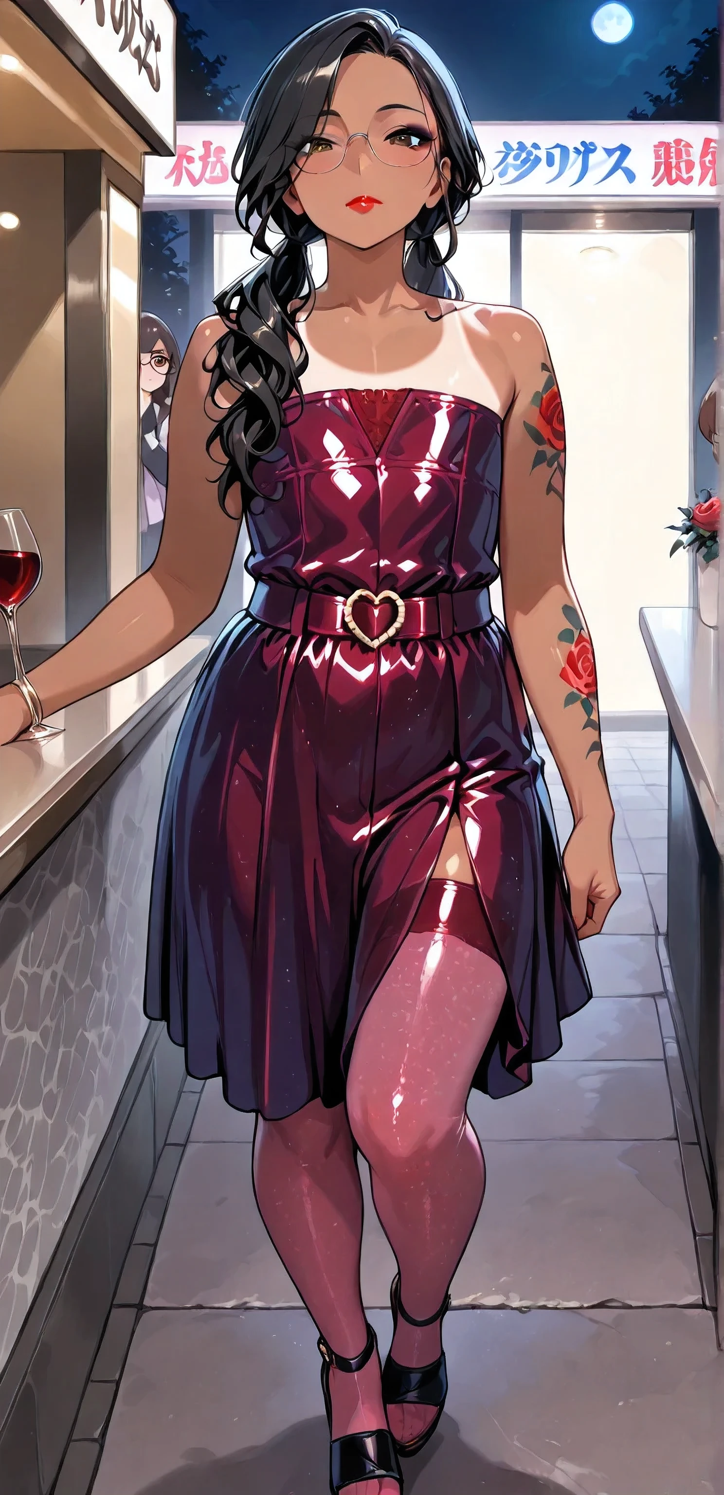 Otoko no ko, femboy, With a party dress miniskirt. Strapless top. Flat chest, Brown_eyes, eye glasses, black eyeliner, red lipstick gloss, showing the whole body, mature features, black hair, long wavy hair, long twin tails, hair bangs, brown_skin color, skin tan. Clothes color red wine, sensual walking pose, looking at viewer, public_park background, night time, Long wavy hair. Passway, High quality. 4k, many details. Full body. Left arm tattoo, Cute smille, closed mouth. Makeup, highheel sandals, tan lines, good contrast, near a buffet table, pink transparency clothes, masterpiece, transparent knee highs, peoples around, moonlight, full moon, rose belt