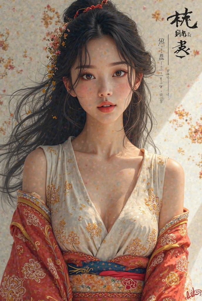 (photorealism:1.2), abstract light and shiny, gold and ink painting, full body view, long flowering curly hair adorned with flowers, Chinese beauty, halter top, large oversized linen pant, looking at viewer, Chinese kintsugi patterns, minimalist, under the wisteria flowers, abstract silver-Gray and gold  painting as background, gold kintsugi and splash effects, realistic textures.