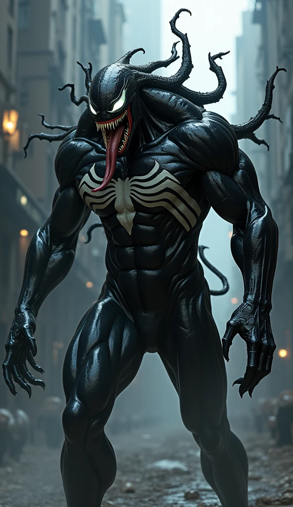 Venom the Symbiote, male, muscular dick, cum dripping, long tounge licking his girthy cock