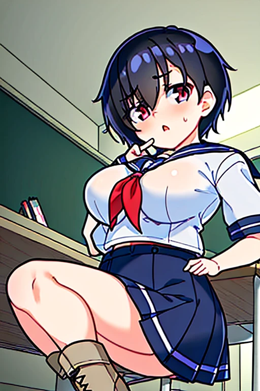 (((Pixel Perfect, Perfect in every detail,nsfw,,clothes lift,large breasts,arouse,dpubic hair,1 girl))), alone, One girl, Ruka Sarashina, Blue Ribbon, big , (serafuku), View your viewers, In the room, sitting