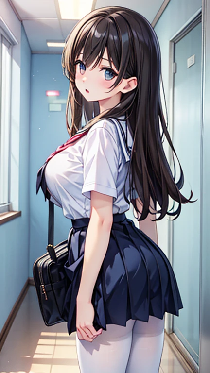 high school girl、beautiful girl、Black Hair、Big breasted body type、Big Hips、Wet white panties、From behind、Sailor-style 、Roll up your navy blue pleated skirt、Flushed Cheekoist eyes、Shy expression、The veranda on a rainy day、Erotic atmosphere、Immoral scene、Sensual scene、Wet Hair、Wet Skin、Wet clothes、