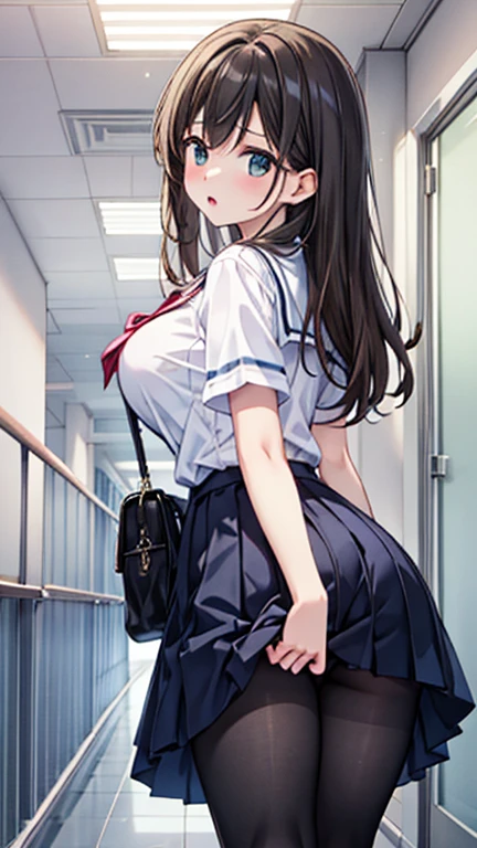 (masterpiece, best quality,  Absyl Dress , game CG, shape), 1 person, alone, mayu kuroe, beautiful attention to detail, standing, school hallway,  white school shirt , pleated miniskirt, pantyhose, Looking back at the audience, surprised, shocked、long black hair,big breasts、