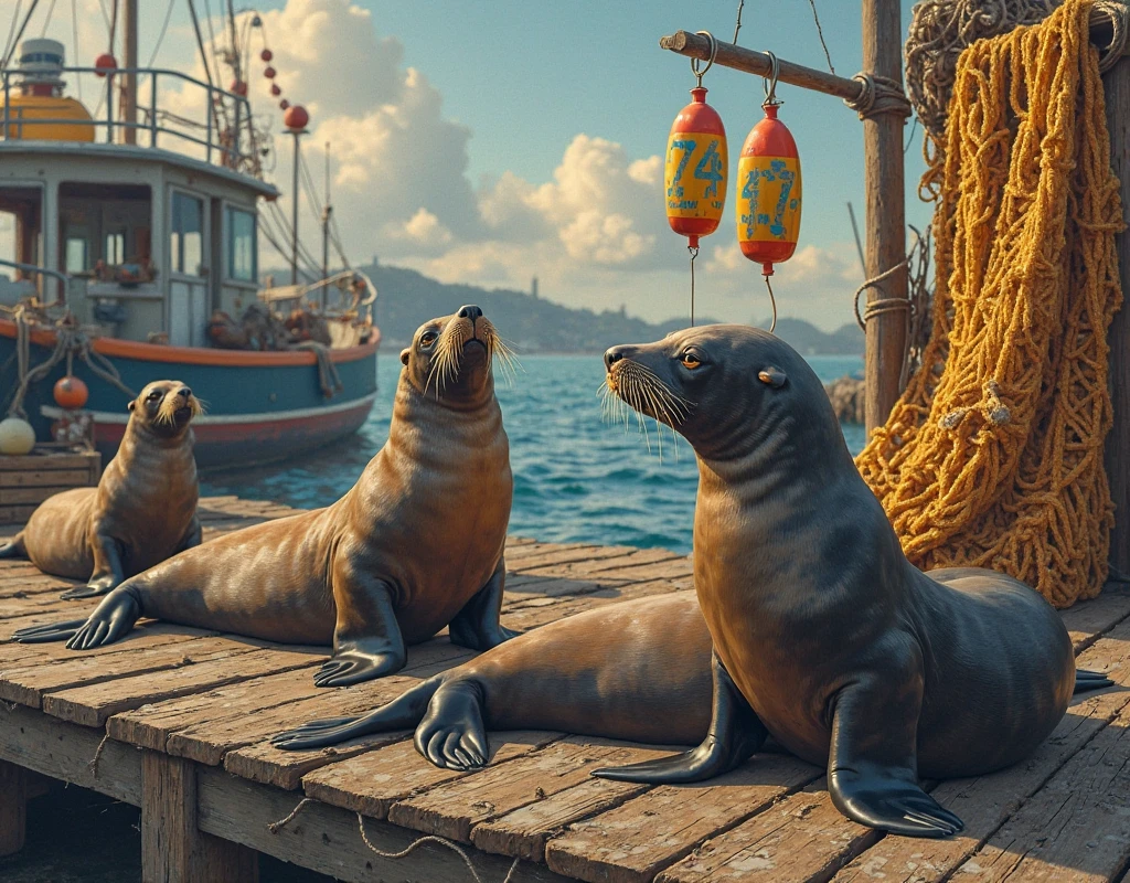 pier with seals, seals by the water, promenade, restaurants, street ice cream, ice cream stand, photo booth, seals, seals, lots of flying seals, rides, large Ferris wheel