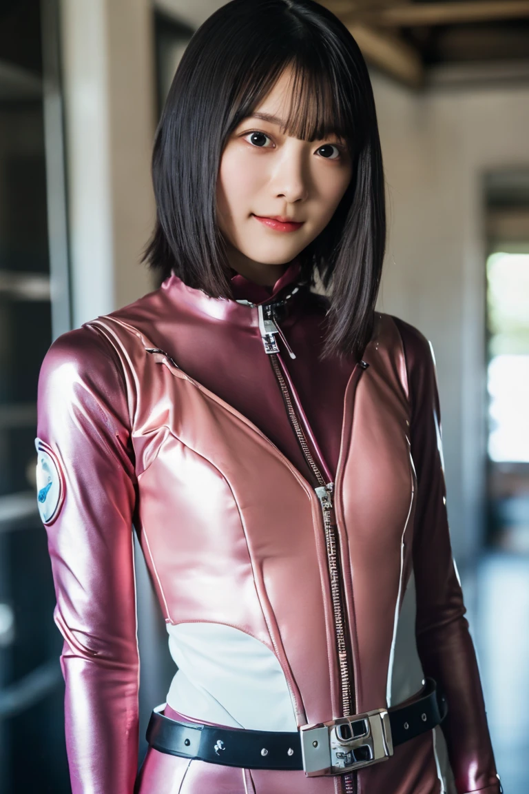 （ultra best quality、in 8K、masuter piece、delicate illustration、full body Esbian）,She wears a pink and white futuristic hero-inspired satin combat uniform.、A beautiful and bewitching Japanese 25-year-old woman、Plump body、Black hair bob cut、A slight smil