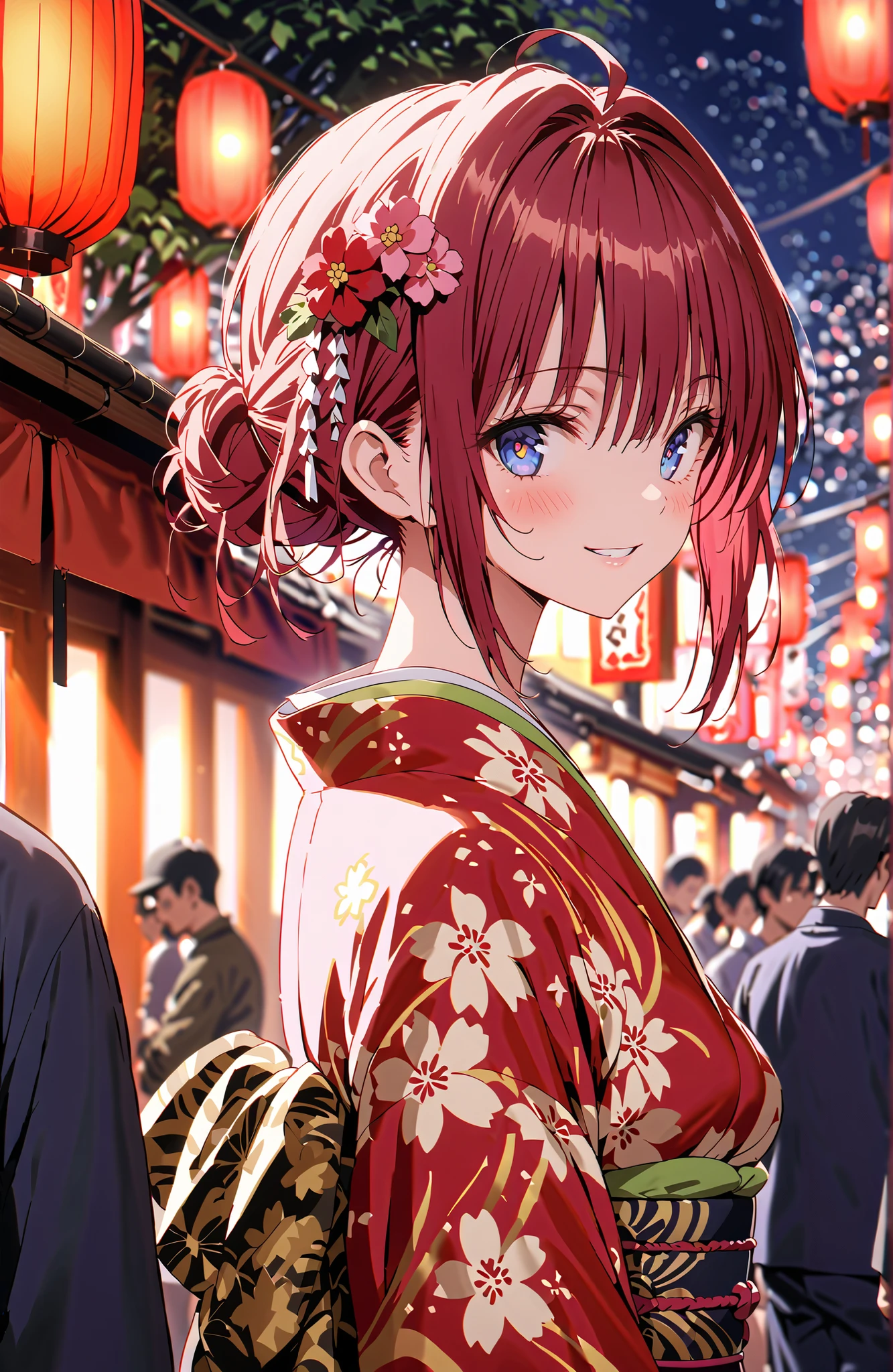 score_9, score_8_up, score_7_up, source_anime,Kurosaki Mea ,solo, stupid hair, blue eyes, red hair,stupid hair,side lock,single bun hair,Nape,flower hair ornament with ears, red flower pattern kimono,Medium breast,smile,blush,grinning,Light up fireworks,Japanese stalls ,Red Lantern,standing,crowd,in their 40s outdoors, Japanese Festival,full bodyがイラストに入るように,,
in their 40s looking at viewer,full body,
in their 40s (masterpiece:1.2), best quality, high resolution, Unity 8Kの壁紙, ( illustration :0.8), (beautiful detailed eyes:1.6), very detailed face, perfect lighting, very detailed CG, (perfect hand in h, perfect anatomy),