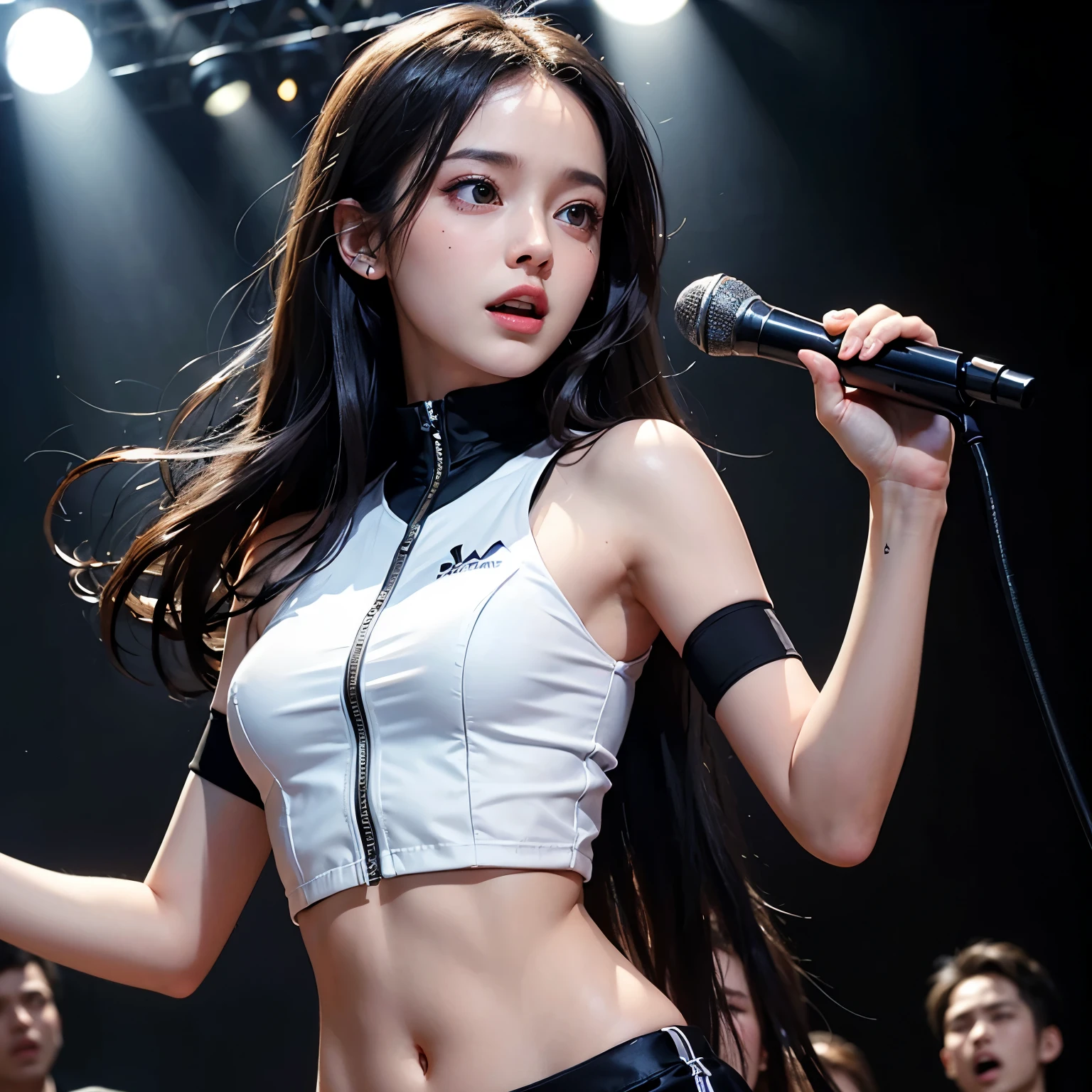 Draw a beautiful Asian girl from the waist up wearing headphones and singing into a microphone in profile, like jfla, a singer who sings cover songs.