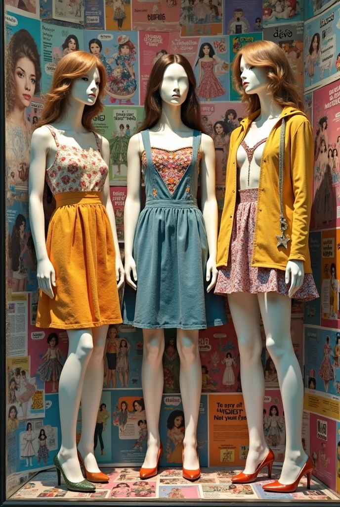 3 mannequins with casual, fashionable, youthful outfits for girls, dresses and pants