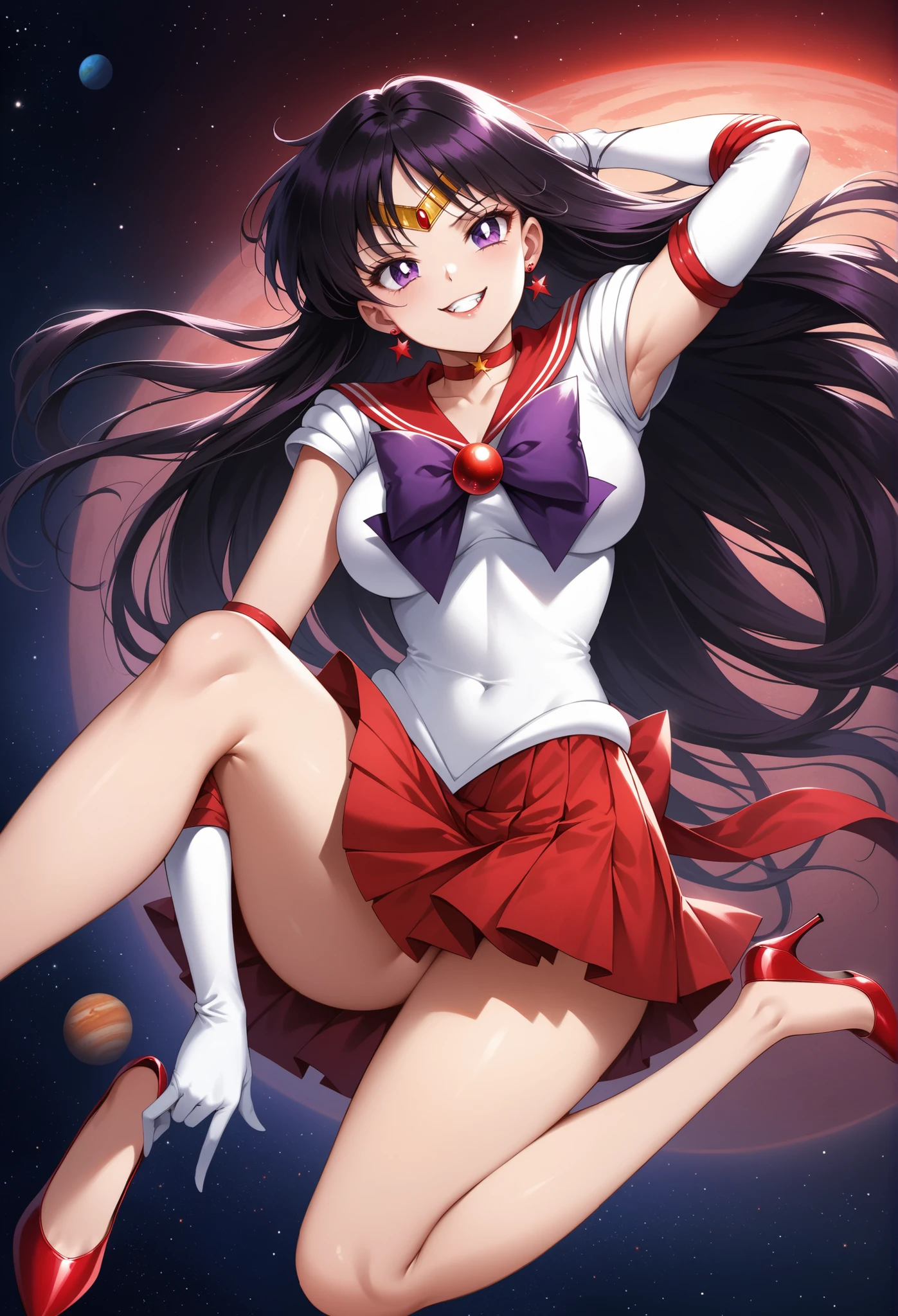 (masterpiece, best quality, very aesthetic, ultra detailed), intricate details, 4k, aamars, long hair, black hair, tiara, earrings, red choker, red sailor collar, purple bowtie, white shirt, elbow gloves, white gloves, pleated skirt, red skirt, bare legs, red heels, evil smile, space, stars, planets, giga giantess, front below, flying