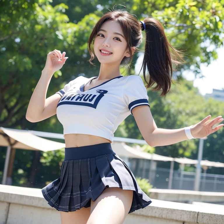 Pure but lewd Japanese cheerleading girl, outstanding body, shiny white skin, sweat and wet, wearing cheerleading uniform, natural ponytail, sweet smile, sitting seductively on bench, secretly seduce me, temptation to sex, spread wide legs, refreshing in early summer morning,