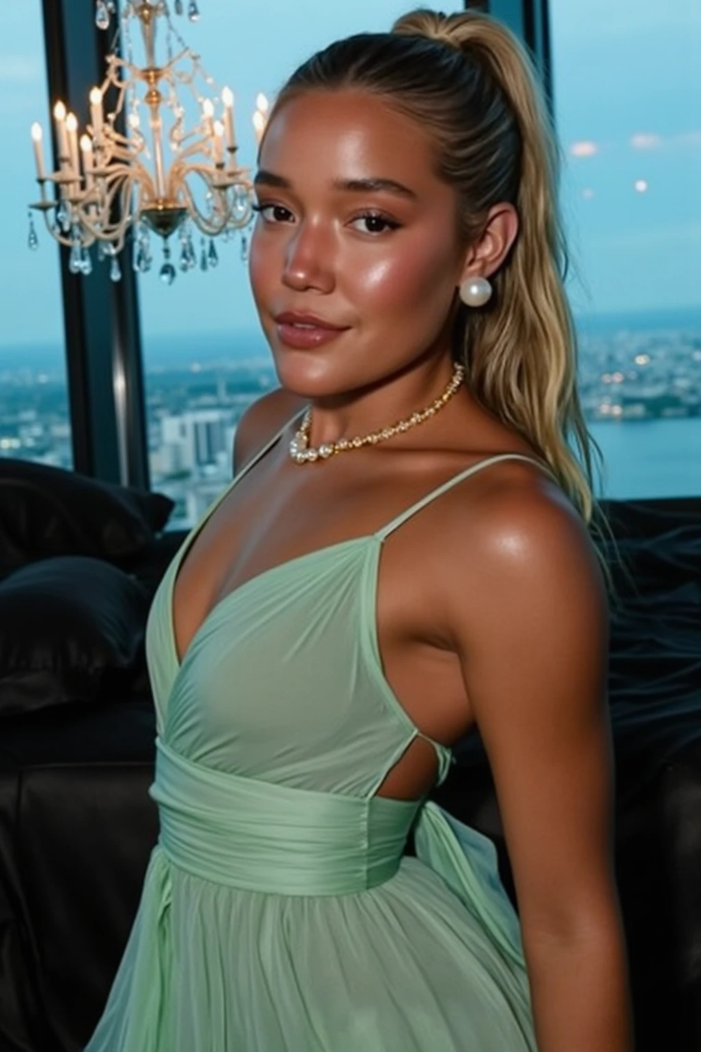 (best quality,4k,highres, highres face details), blonde long braided hair, 18 years old, instagram model, 36DD fake breast, fake lashes, fake lips, dark makeup, perfect skin, dark tan skin, she is skinny, she is caucasian, she is wearing a skim dress, diamond belly piercing, gold necklace, diamond earring, diamond ring, whole body image, taking a pose, posing, no exposed breast, no exposed vagina, night time, cute smile, on the patio, holding a limonade pitcher