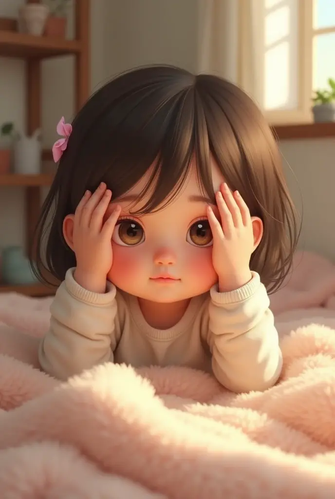 a baby girl is hiding eyes with hands