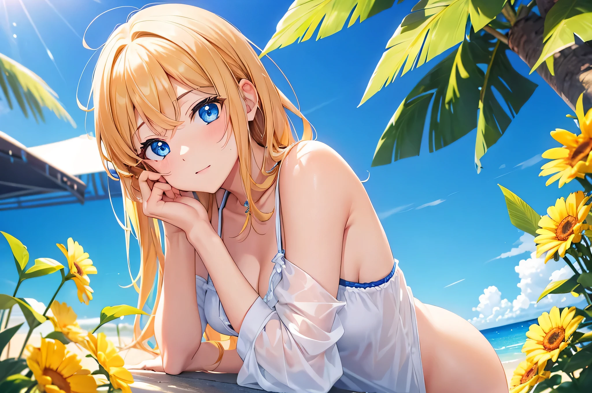 Gold,blue eyes,summer,顔アップの Goldの美しい女性,blue eyes,,,,4K,high resolution,ultra-fine,vibrant colors,