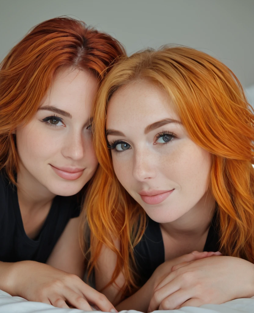 Two sexy women, different races, conjoined together, two heads, one body, vitiligo, skin colors mixing