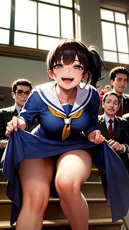 A thin female student with small breasts,{embarrassed face},station,large crowd of people,show off breasts,school uniform,nsfw,