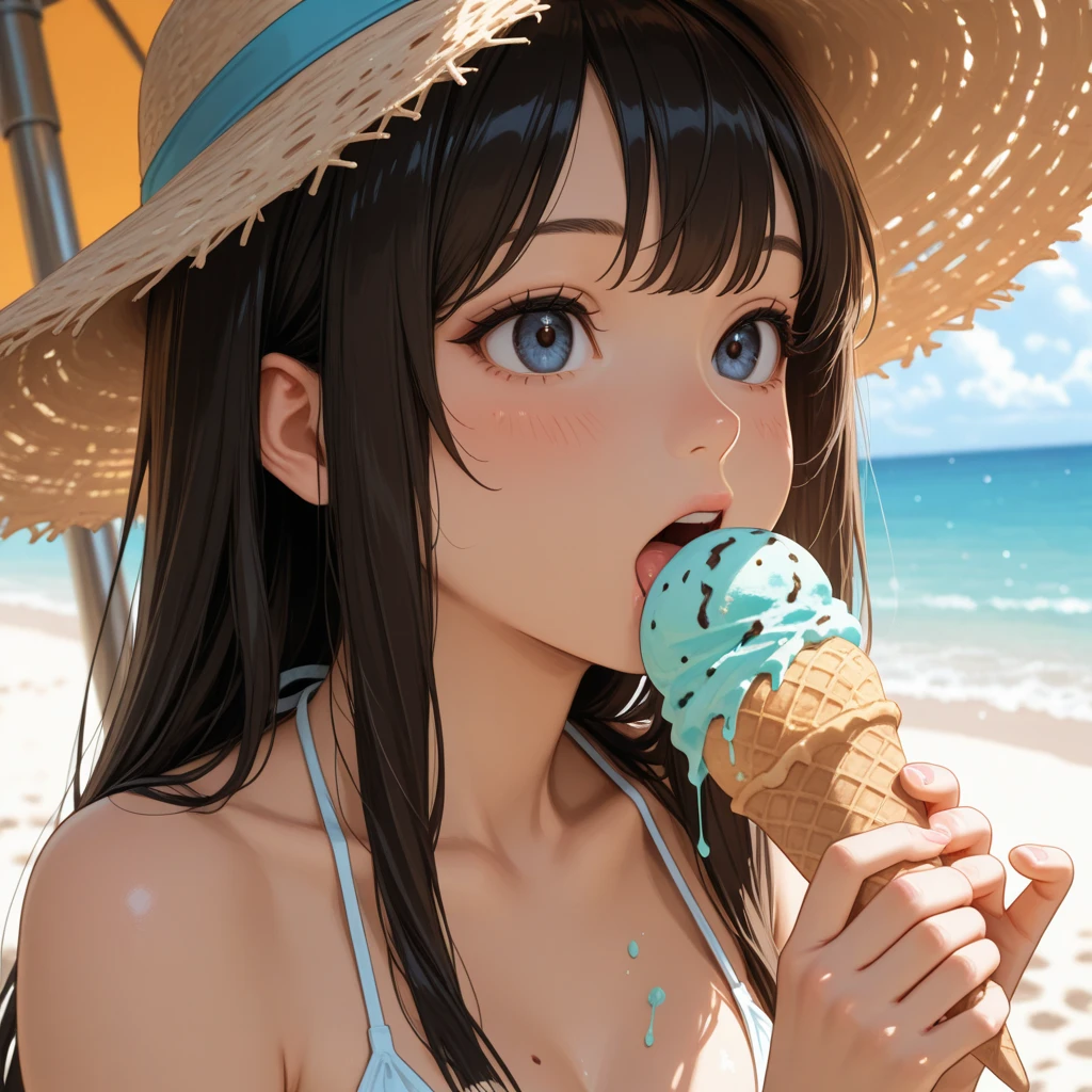 Medium shot, 1 girl, on the beach, wearing underwear, eating ice cream on a bench