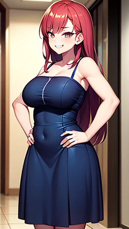 long wavy hair, vibrant fiery red hair, skinny, gigantic breasts, 2 breasts, anime girl, elegant red dress, erect nipples poking through dress